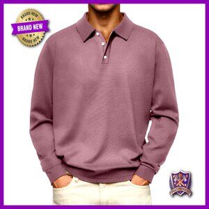 Men's Long Sleeve Thermal Polo Shirt, Classic Collar, Stretch Fabric, Golf &